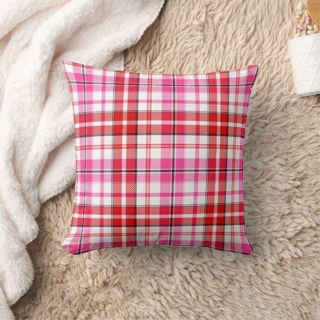 White Red Pink Plaid Tartan Design  Throw Pillow (Blanket)