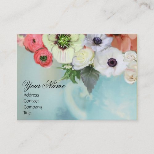 WHITE RED PINK ROSES AND ANEMONE FLOWERS MONOGRAM BUSINESS CARD