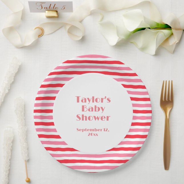 White Red Pink Stripes Baby Shower Paper Plates (Wedding)