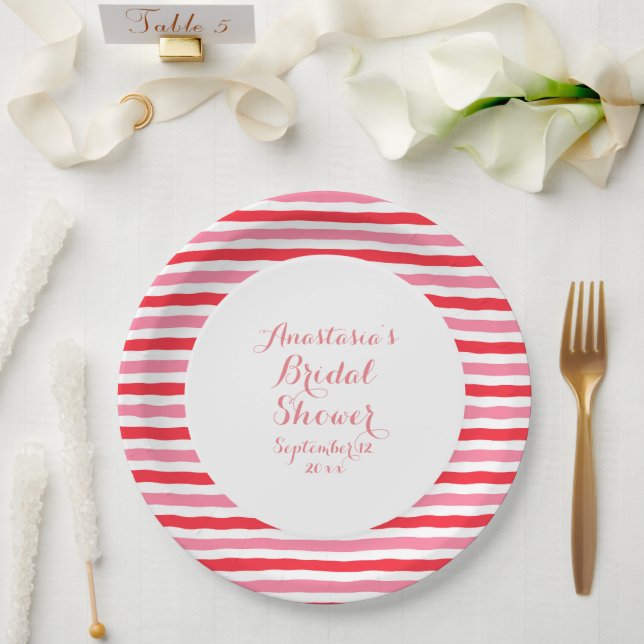White Red Pink Stripes Bridal Shower Paper Plates (Wedding)