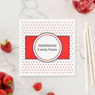 White Red Polka Dots Family Name Picnic Napkins