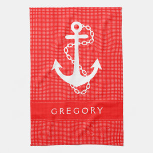 White & Red Polkadot With Nautical Boat Anchor 2 Kitchen Towel