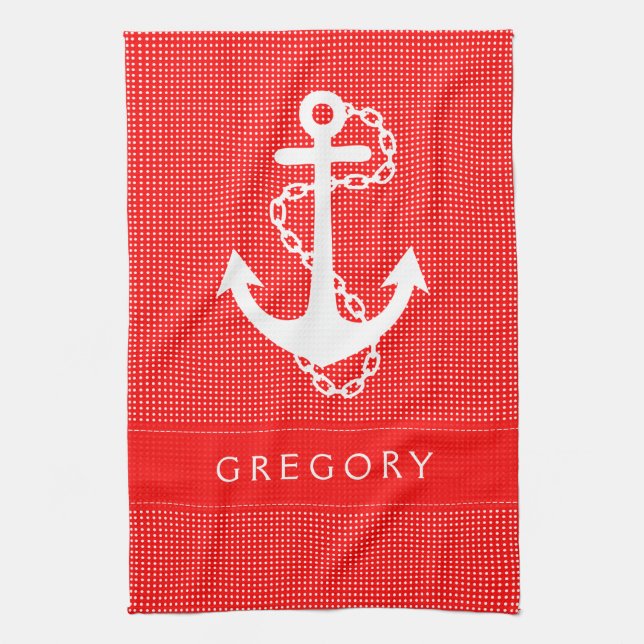 White & Red Polkadot With Nautical Boat Anchor 2 Kitchen Towel (Vertical)