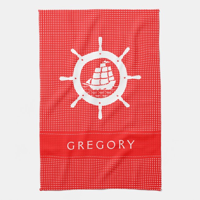 White & Red Polkadot With Nautical Boat Wheel Towel (Vertical)