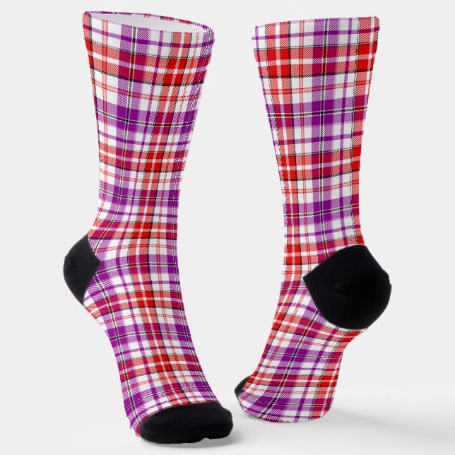 White Red Purple Plaid Tartan Design  Socks (Angled)