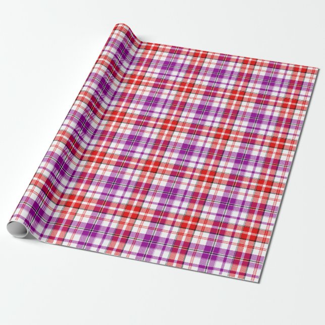 White Red Purple Plaid Tartan Design  Wrapping Paper (Unrolled)