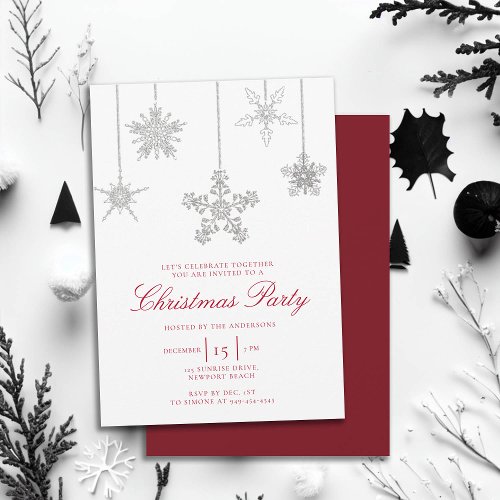 White Red Rhinestone Snowflake Sparkles Christmas Invitation