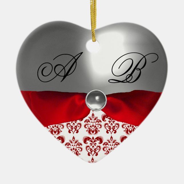 WHITE RED RIBBON DAMASK GEM STONE MONOGRAM CERAMIC ORNAMENT (Front)