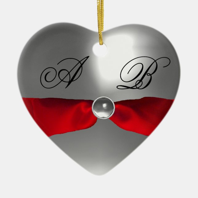 WHITE RED RIBBON GEM STONE MONOGRAM CERAMIC ORNAMENT (Front)