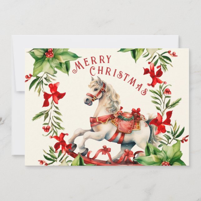 White Red Rocking Horse Vintage Christmas Card (Front)