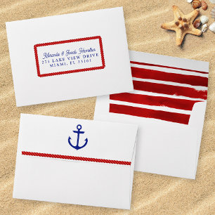 White Red Rope Stripe RSVP Nautical Wedding Envelope