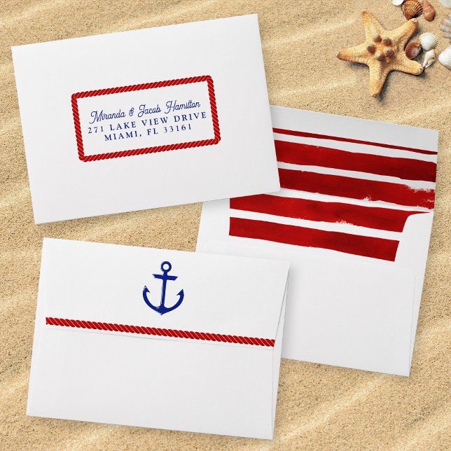  White Red Rope Stripe RSVP Nautical Wedding Envelope (Mockup of front, back and inside of envelope)