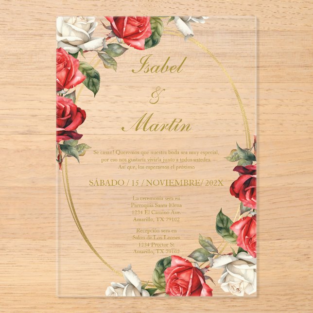 White & Red Rose Elegant Wedding Spanish Acrylic Invitations (Front)