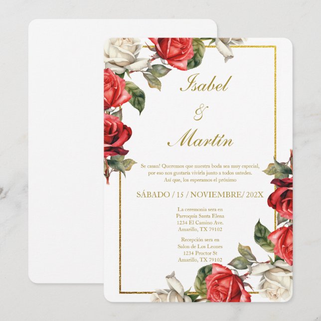 White & Red Rose Elegant Wedding Spanish Invitation (Front/Back)