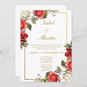 White & Red Rose Elegant Wedding Spanish Invitation