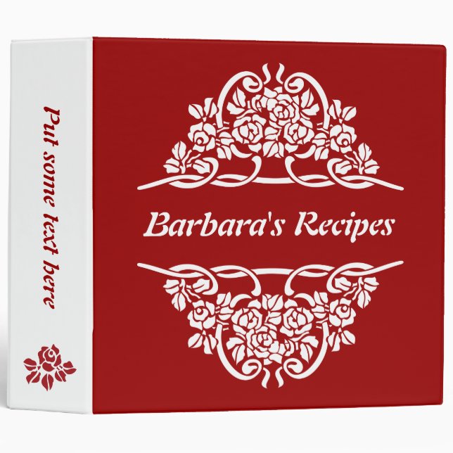 White, red rose motif  & ribbons recipe 3 ring binder (Front/Spine)