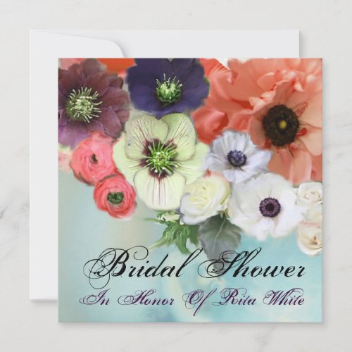 WHITE RED ROSES AND ANEMONE FLOWERS BRIDAL SHOWER INVITATION