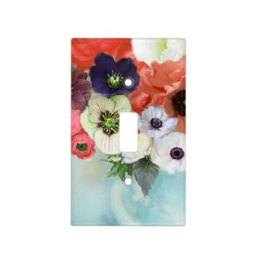 WHITE RED ROSES AND ANEMONE FLOWERS Teal Blue Light Switch Cover