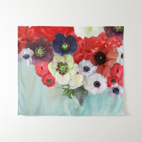 WHITE RED ROSES ANEMONE FLOWERS TEAL AQUA BLUE TAPESTRY