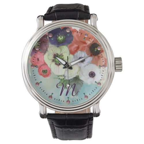 WHITE RED ROSESBLUE ANEMONE FLOWERS MONOGRAM WATCH