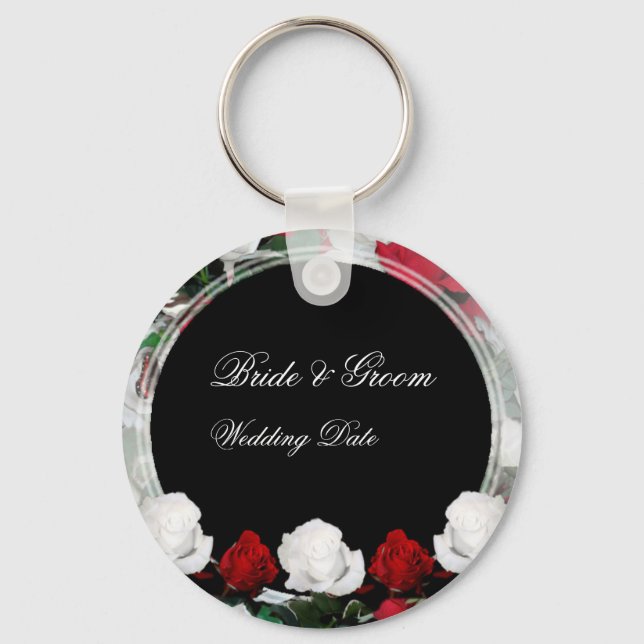 White & Red Roses Bride & Groom Wedding Favor 1 Keychain (Front)