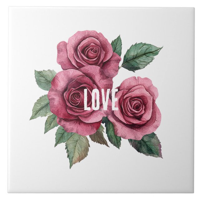 White Red Roses Floral Love Ceramic Tile (Front)