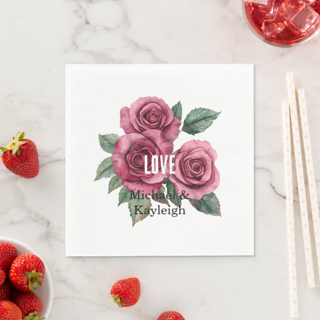 White Red Roses Floral Love Wedding Napkins (Insitu)