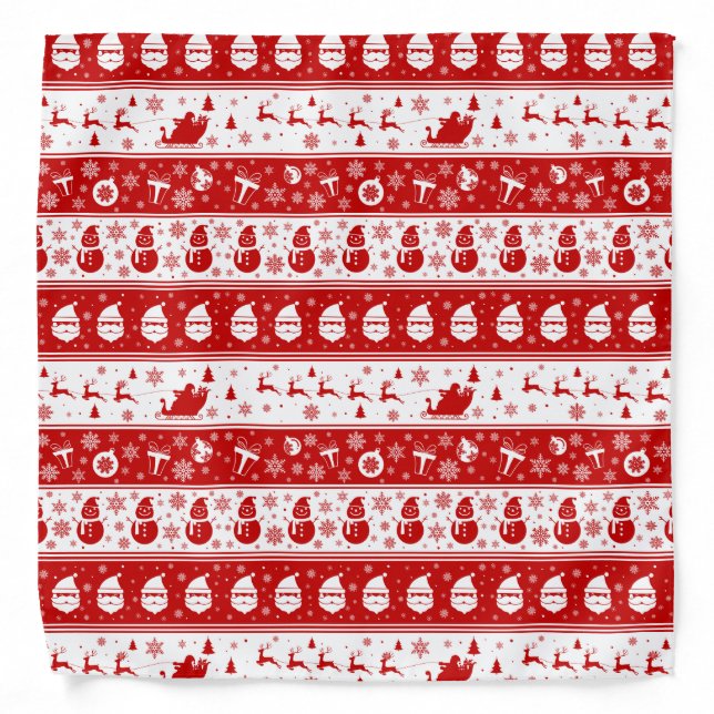 White & Red Santa Face and Snowman Pattern Bandana (Front)