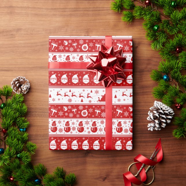 White & Red Santa Face and Snowman Pattern Wrapping Paper (Holiday Gift)