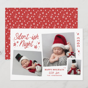 White Red Script Silent-ish Night 3 Photo Collage Holiday Card
