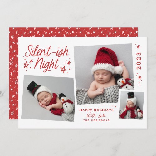 White Red Script Silent_ish Night 3 Photo Collage Holiday Card