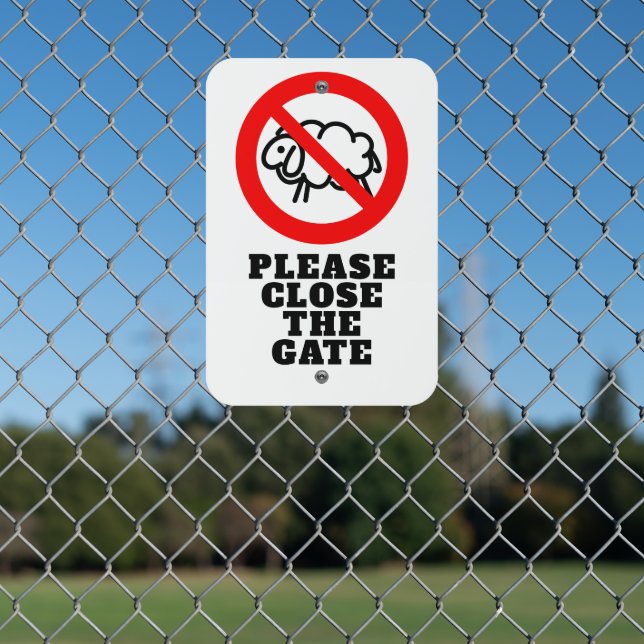 white red sheep animal warning close the gate metal sign (In Situ(Fence))
