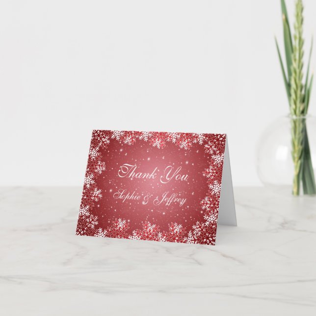 White red snowflakes on red Wedding Thank You Card (Front)