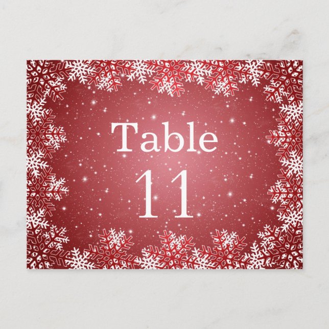 White red snowflakes wedding table number card (Front)