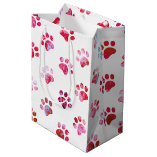 White Red Textured Paw Print Pattern Medium Gift Bag