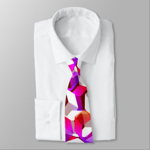 White, red to pink hexagons on dark red background neck tie