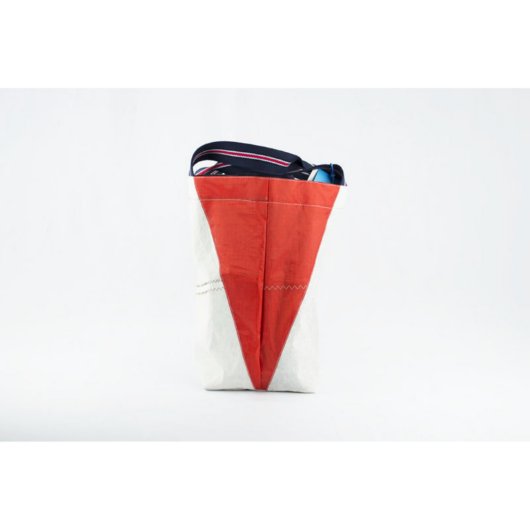 White & Red Tote Beach Bag w/ Striped Strap (Side)
