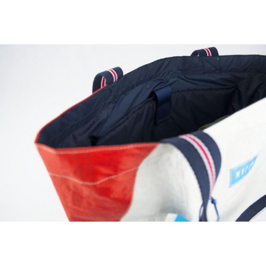 White & Red Tote Beach Bag w/ Striped Strap (Top)