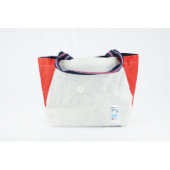 White & Red Tote Beach Bag w/ Striped Strap (Front)