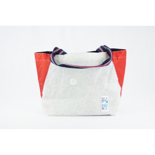 White & Red Tote Beach Bag w/ Striped Strap (Front)