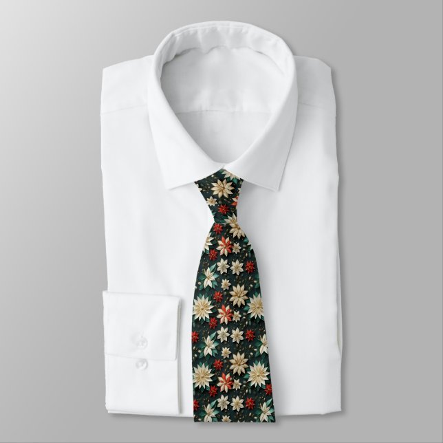 White Red Turquoise Poinsettias Christmas AI Art Neck Tie (Tied)