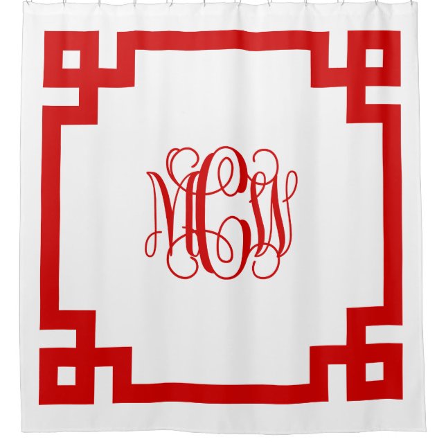 White Red Vine Monogram DIY BG & Greek Key Frame Shower Curtain (Front)
