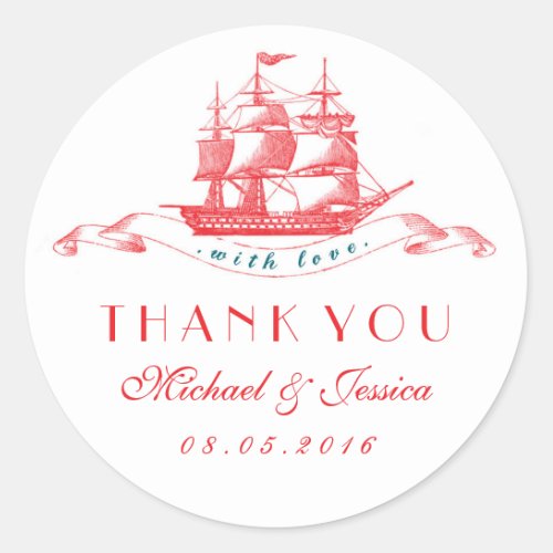 White Red Vintage Ship Wedding Thank You Sticker