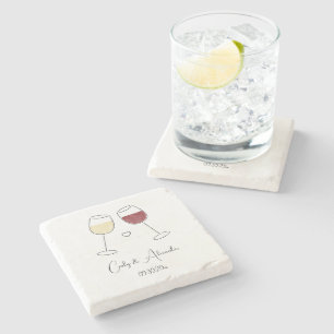 White Red Wine Glass Wedding Engagement Favor Stone Coaster