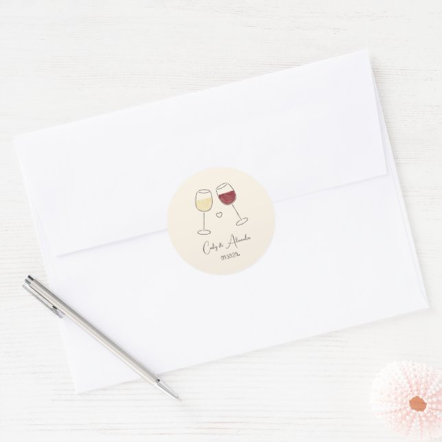 White Red Wine Glass Wedding Favor Envelope Classic Round Sticker (Envelope)