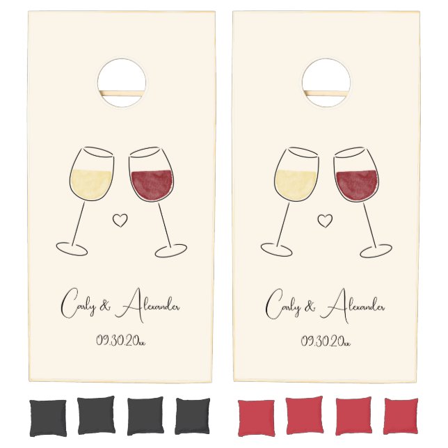 White Red Wine Glass Wedding Reception Anniversary Cornhole Set (Set)