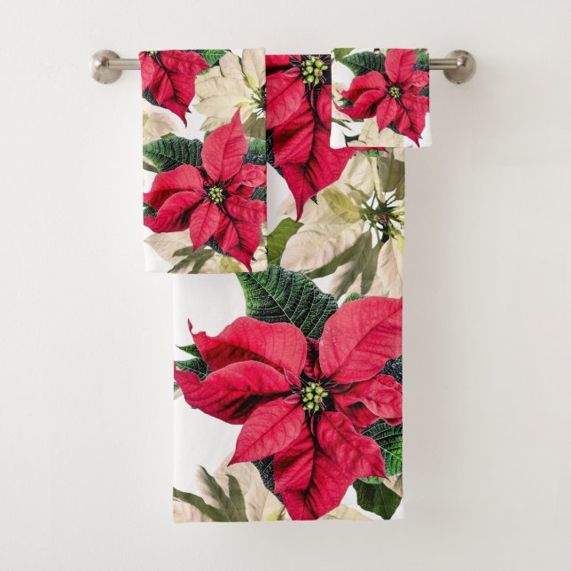 White & Red Winter Poinsettia Flower Towel Set (Insitu)