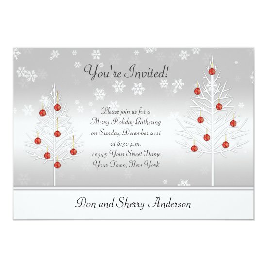 White Red Xmas Trees on Silver Holiday Party Card