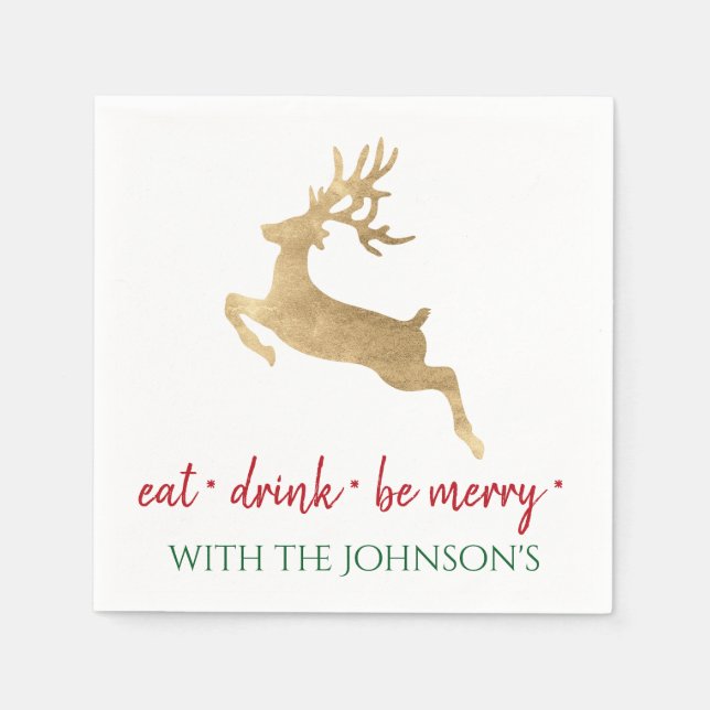 White Reen Eat Drink Be Merry Red Gold Reinadeer Napkins (Front)