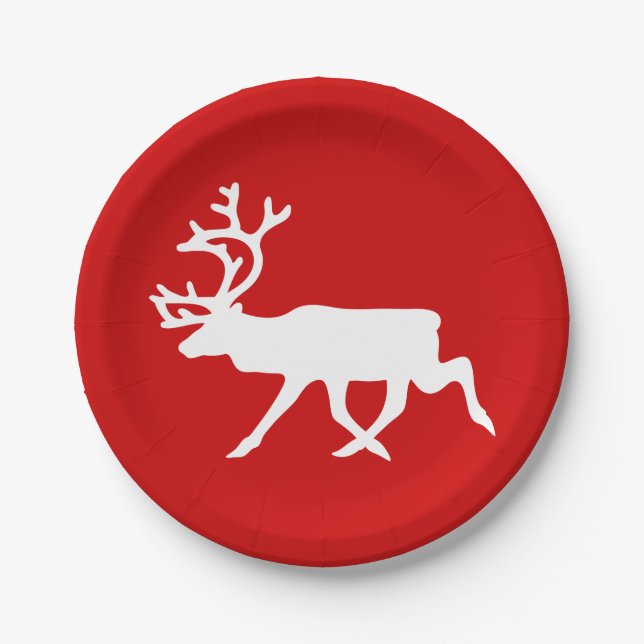 White Reindeer / Caribou Silhouette Paper Plates (Front)